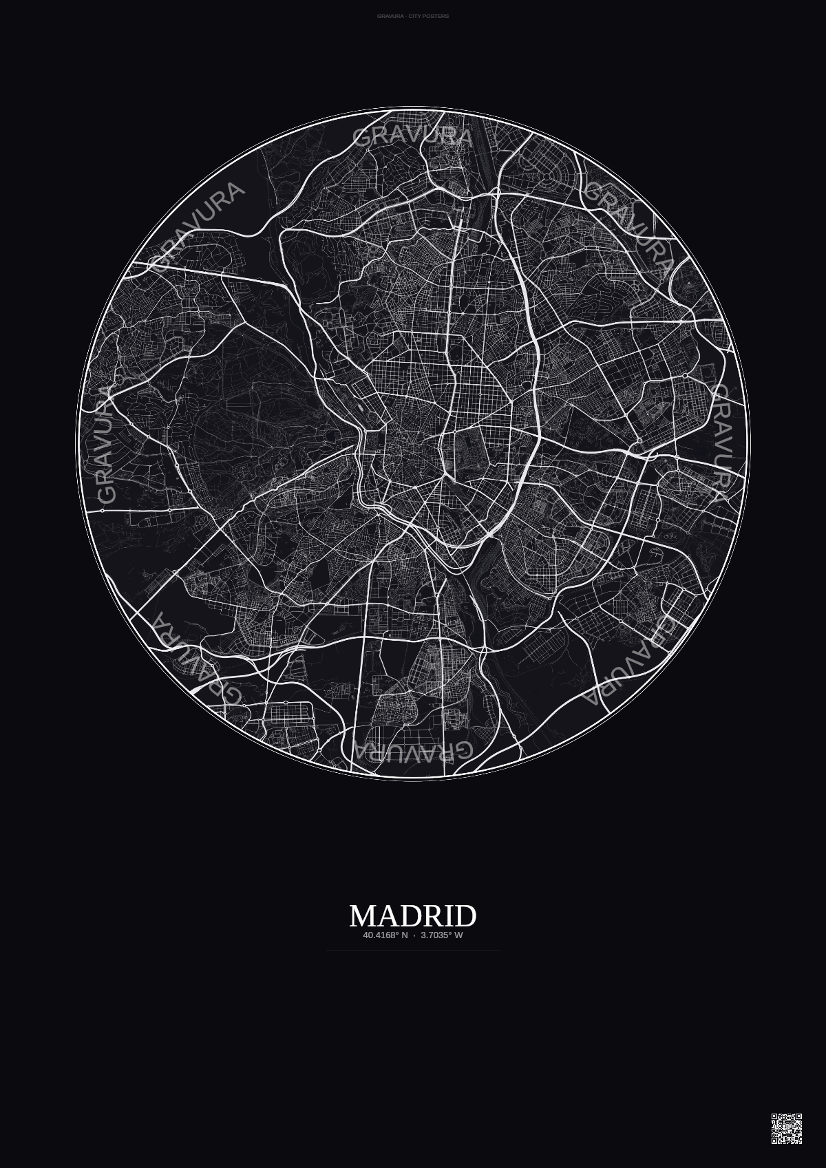 Affiche Madrid – Poster carte de ville | Gravura – Fond foncé