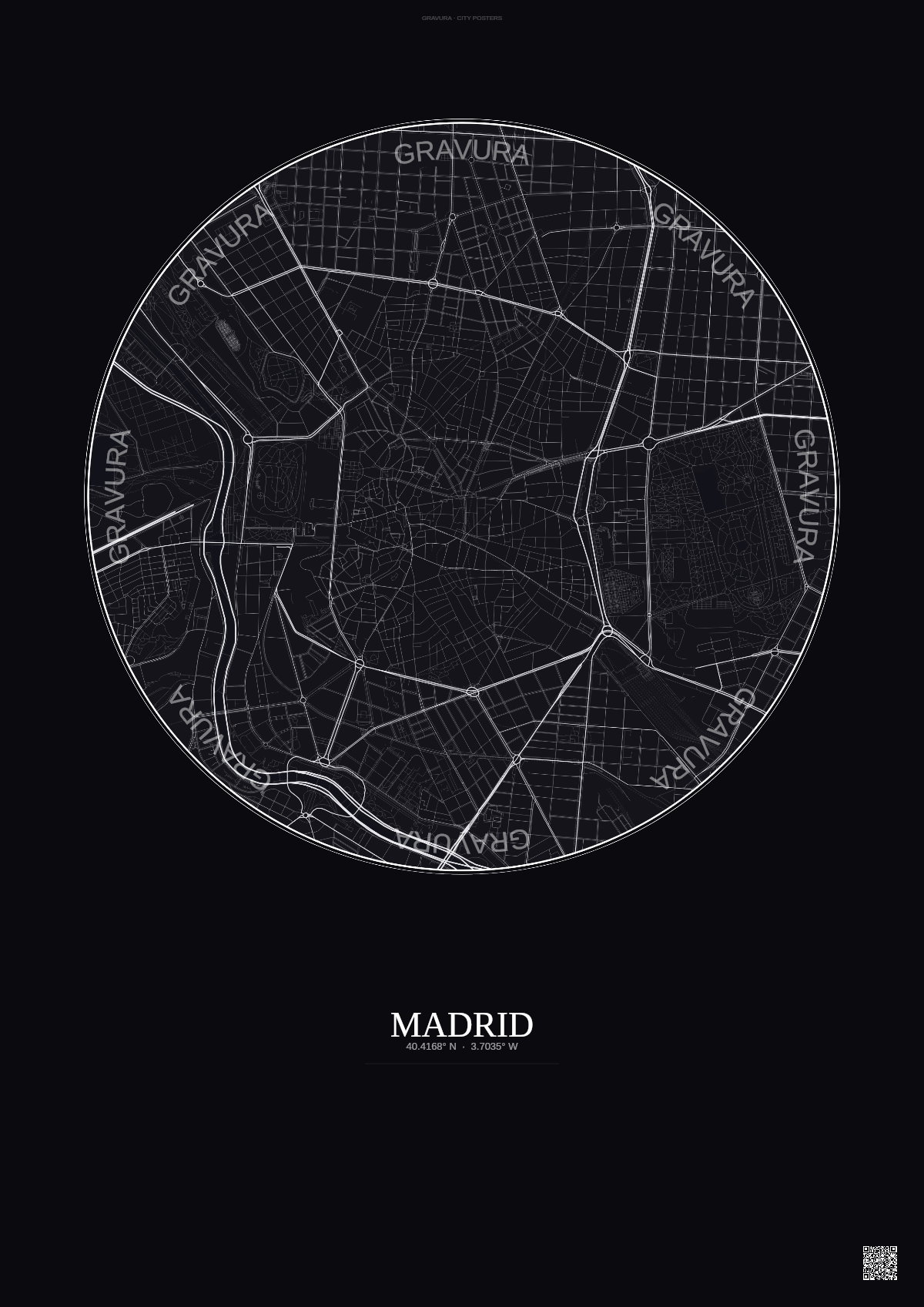 Affiche Madrid – Poster carte de ville | Gravura – Fond foncé