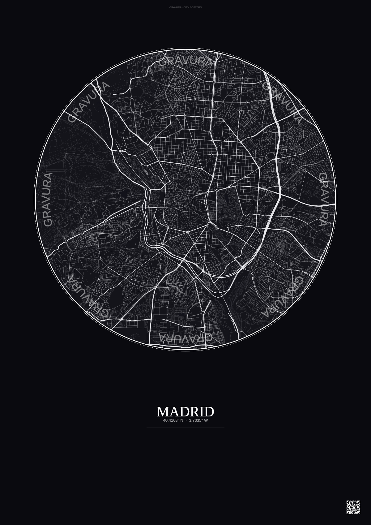 Affiche Madrid – Poster carte de ville | Gravura – Fond foncé