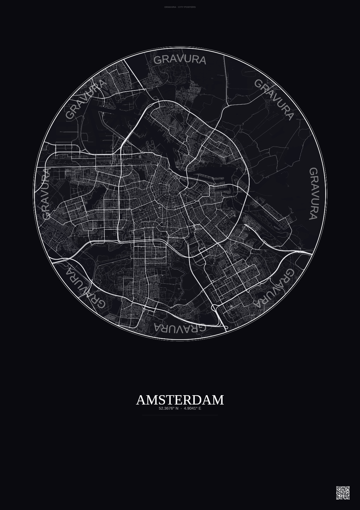 Affiche Amsterdam – Poster carte de ville | Gravura – Fond foncé