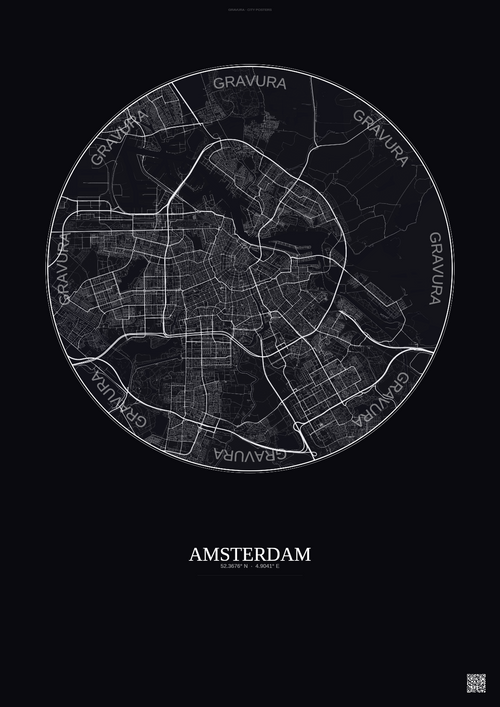 Affiche Amsterdam – Poster carte de ville | Gravura – Fond foncé