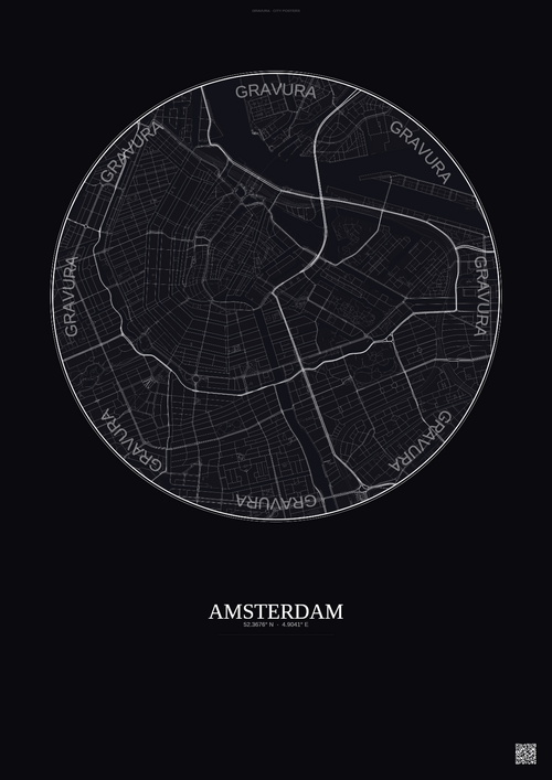 Affiche Amsterdam – Poster carte de ville | Gravura – Fond foncé