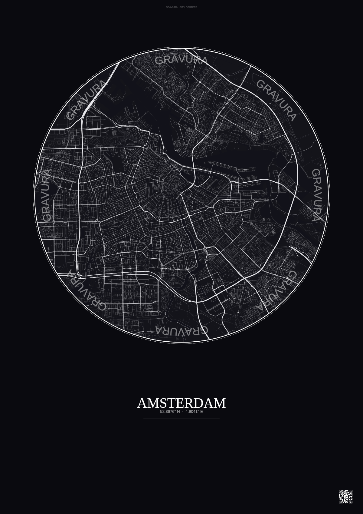 Affiche Amsterdam – Poster carte de ville | Gravura – Fond foncé
