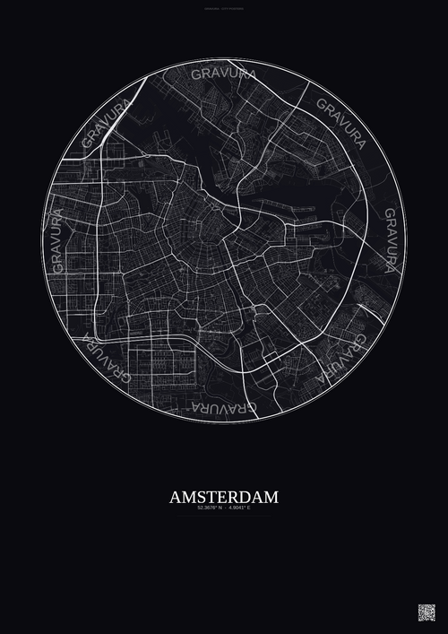 Affiche Amsterdam – Poster carte de ville | Gravura – Fond foncé