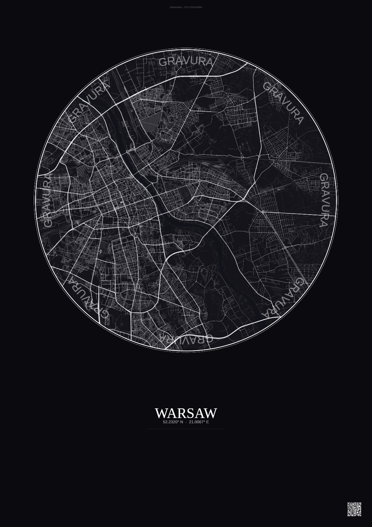 Affiche Warsaw – Poster carte de ville | Gravura – Fond foncé