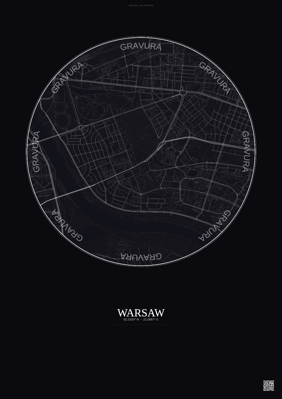 Affiche Warsaw – Poster carte de ville | Gravura – Fond foncé