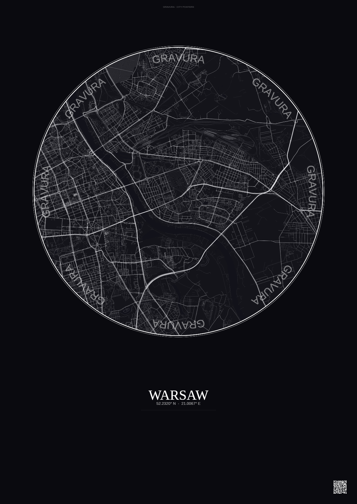 Affiche Warsaw – Poster carte de ville | Gravura – Fond foncé