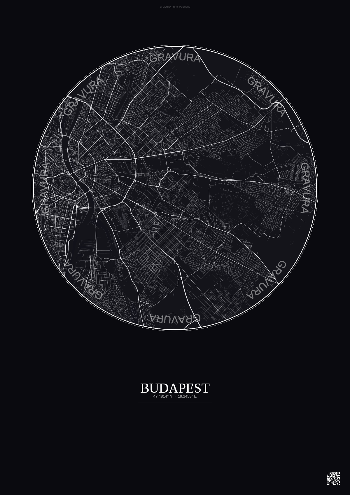 Affiche Budapest – Poster carte de ville | Gravura – Fond foncé
