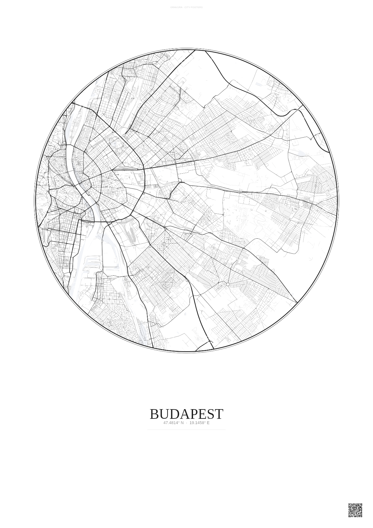 Affiche Budapest – Poster carte de ville | Gravura – Fond clair