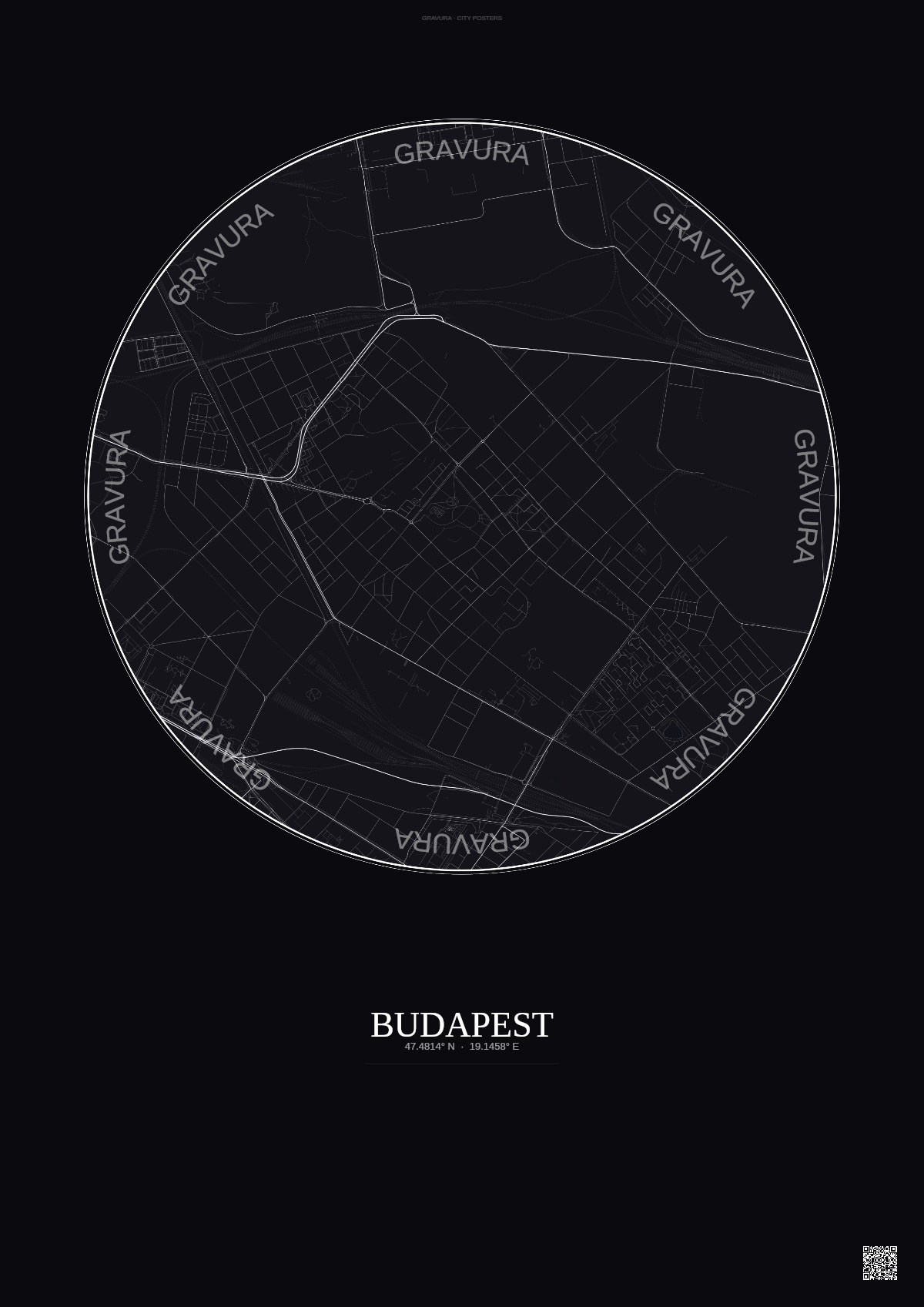 Affiche Budapest – Poster carte de ville | Gravura – Fond foncé