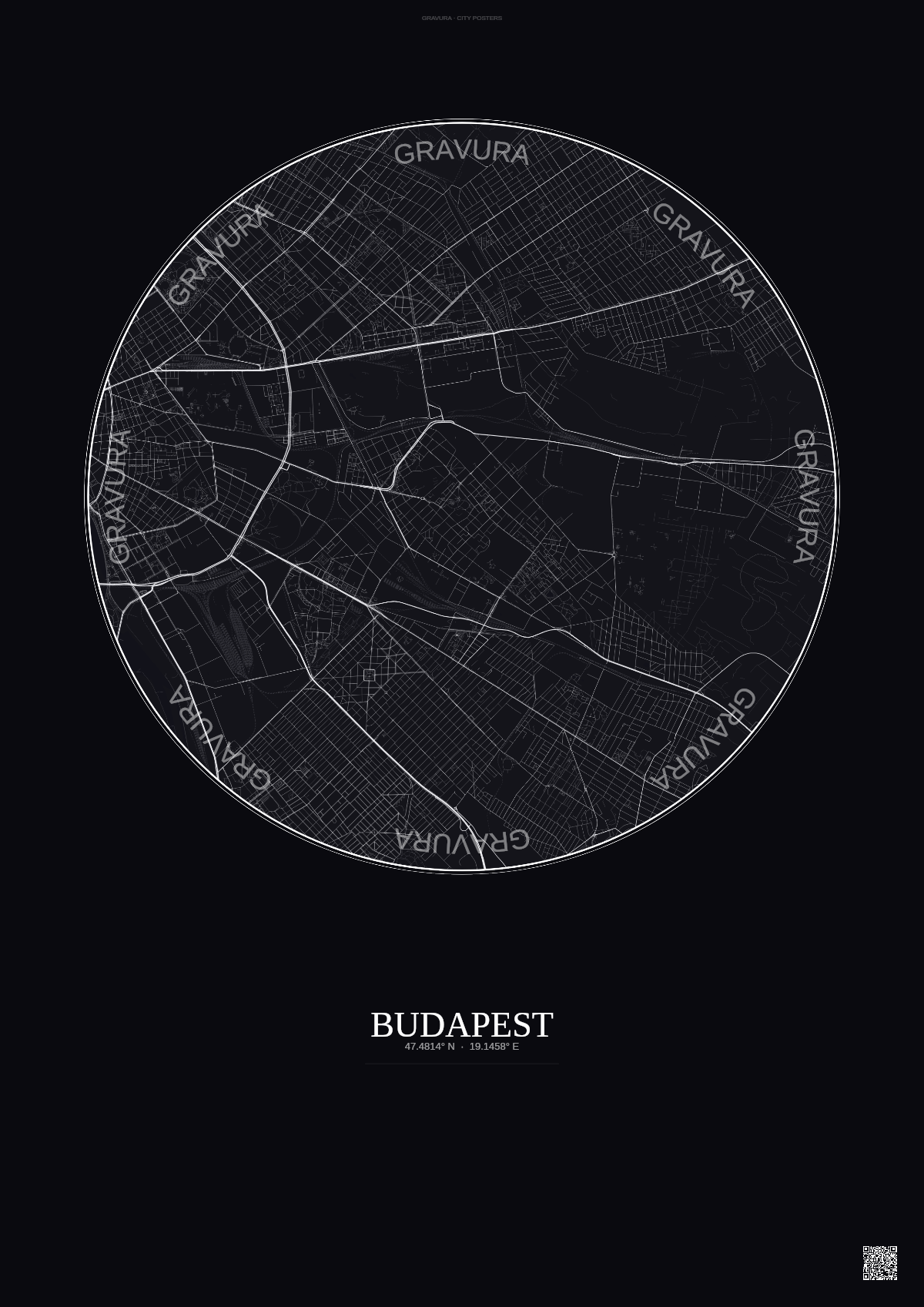 Affiche Budapest – Poster carte de ville | Gravura – Fond foncé