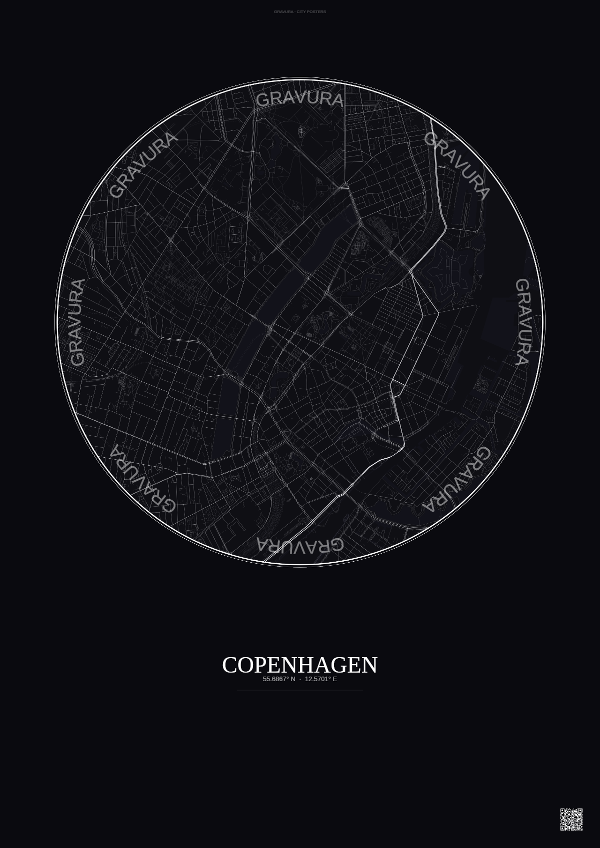 Affiche Copenhagen – Poster carte de ville | Gravura – Fond foncé