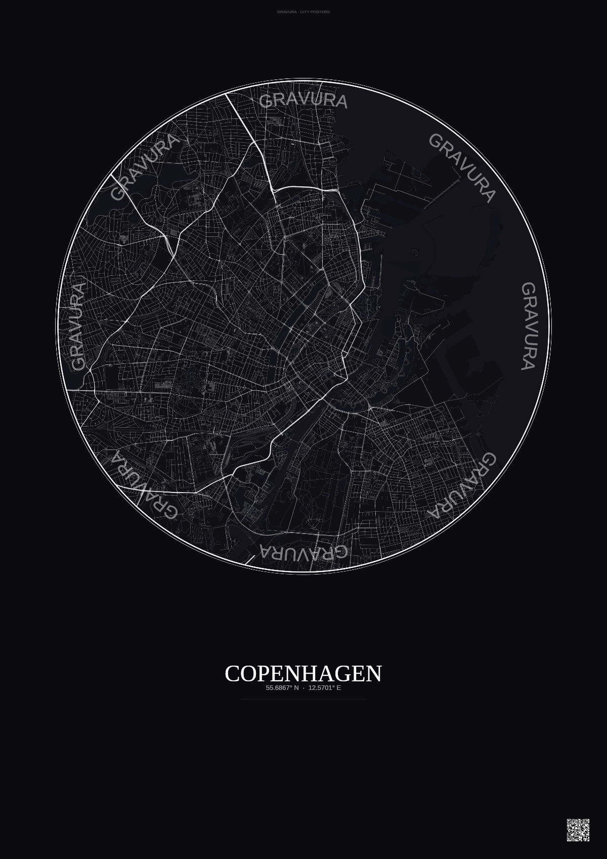 Affiche Copenhagen – Poster carte de ville | Gravura – Fond foncé