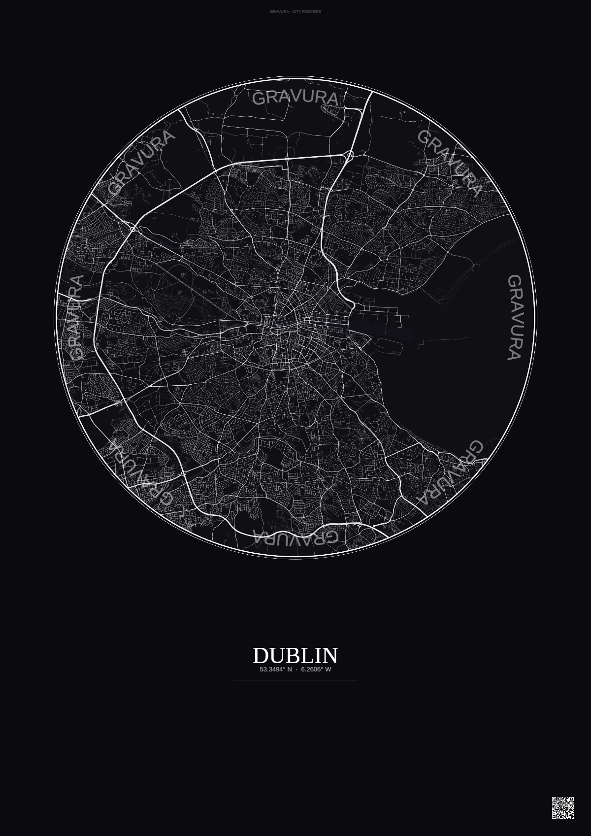Affiche Dublin – Poster carte de ville | Gravura – Fond foncé