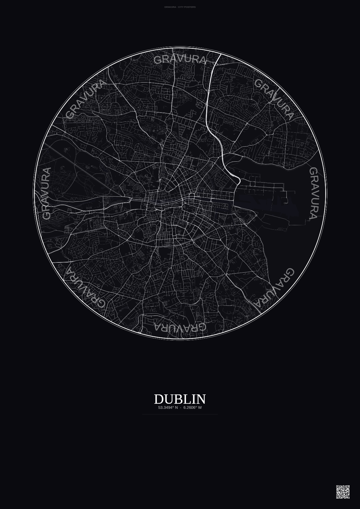 Affiche Dublin – Poster carte de ville | Gravura – Fond foncé