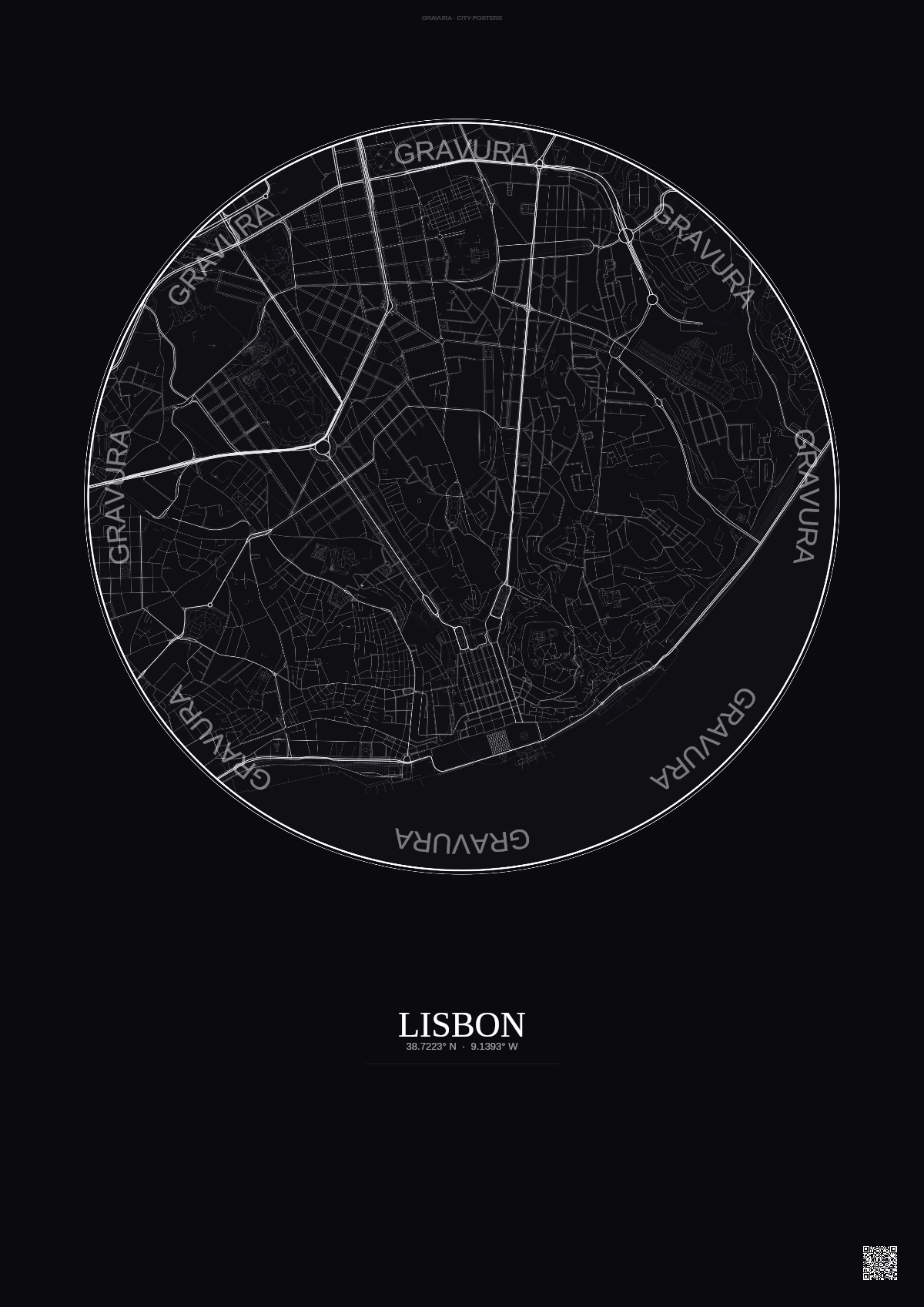 Affiche Lisbon – Poster carte de ville | Gravura – Fond foncé