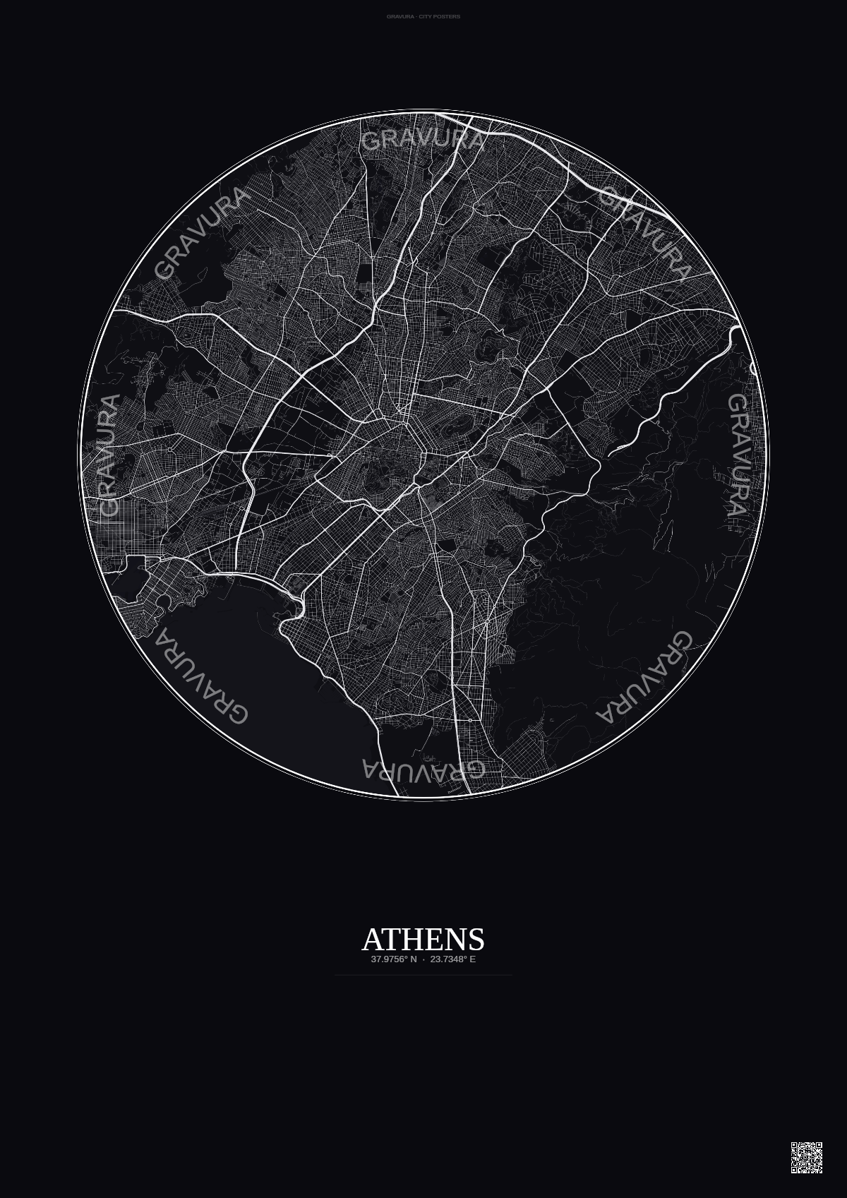 Affiche Athens – Poster carte de ville | Gravura – Fond foncé