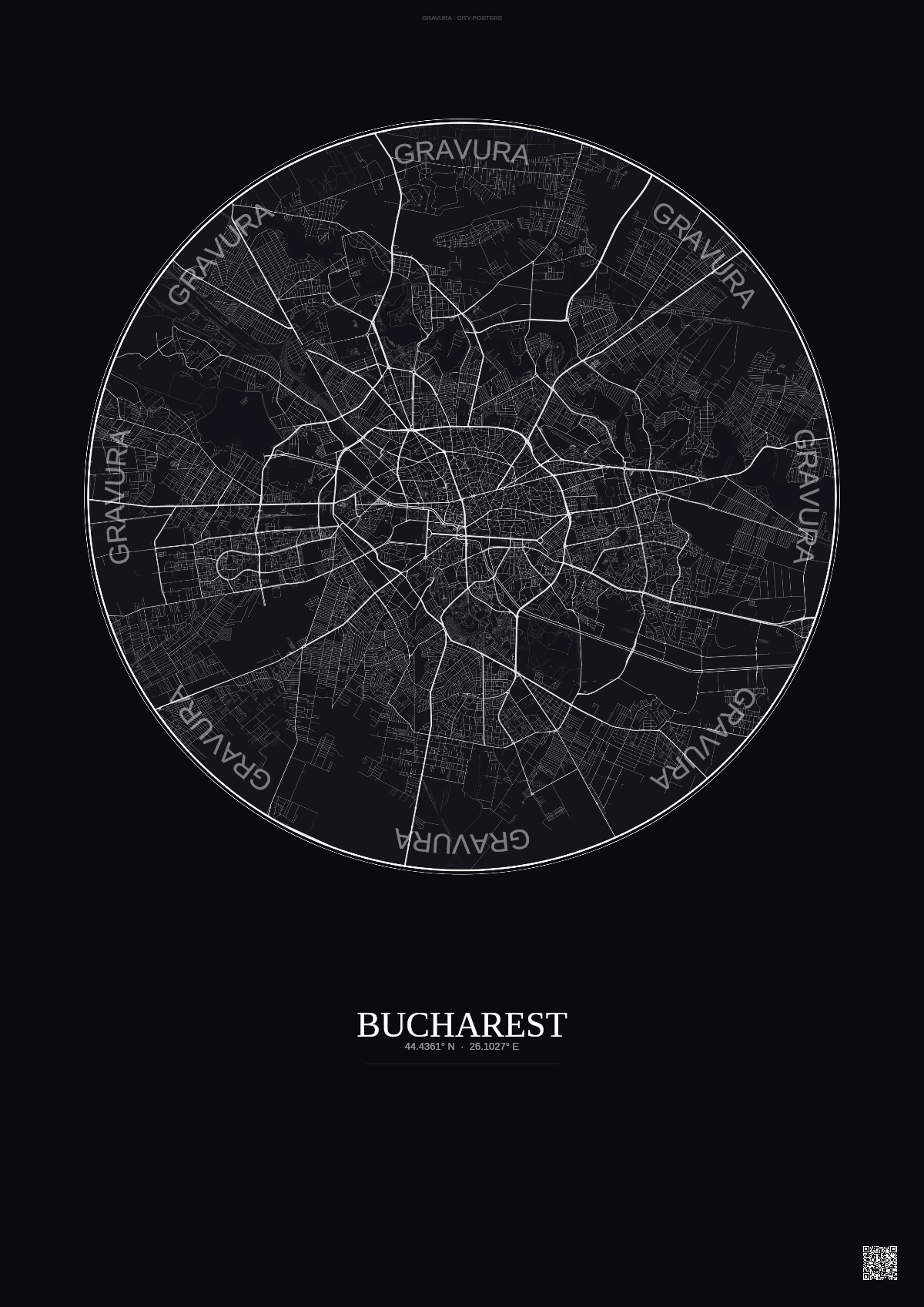 Affiche Bucharest – Poster carte de ville | Gravura – Fond foncé