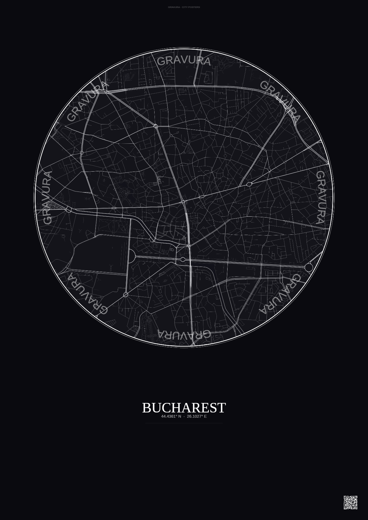 Affiche Bucharest – Poster carte de ville | Gravura – Fond foncé