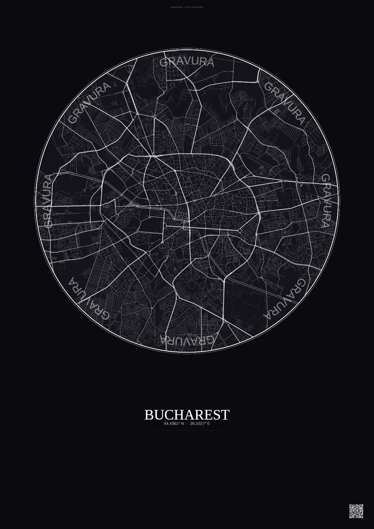 Affiche Bucharest – Poster carte de ville | Gravura – Fond foncé