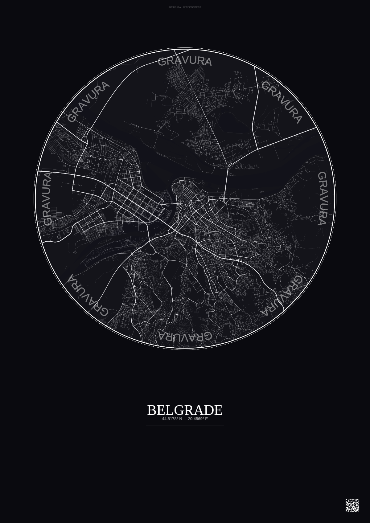 Affiche Belgrade – Poster carte de ville | Gravura – Fond foncé
