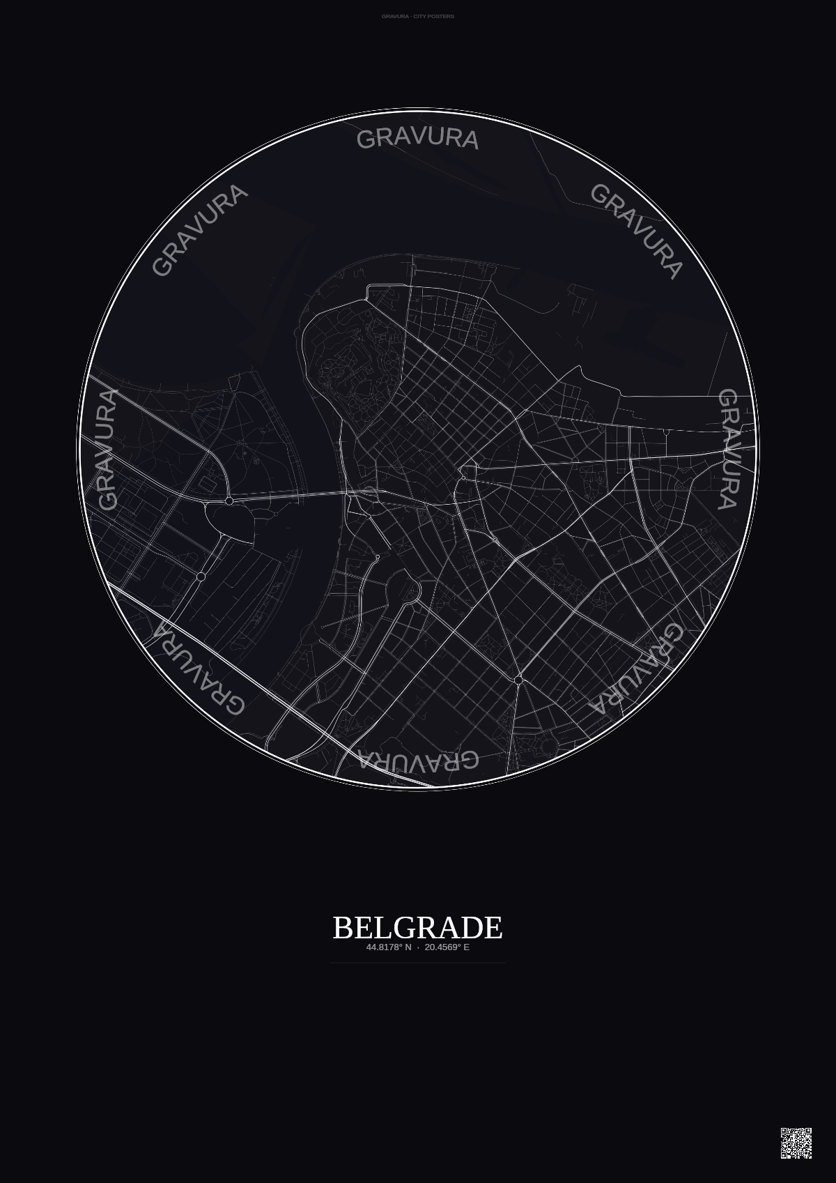 Affiche Belgrade – Poster carte de ville | Gravura – Fond foncé