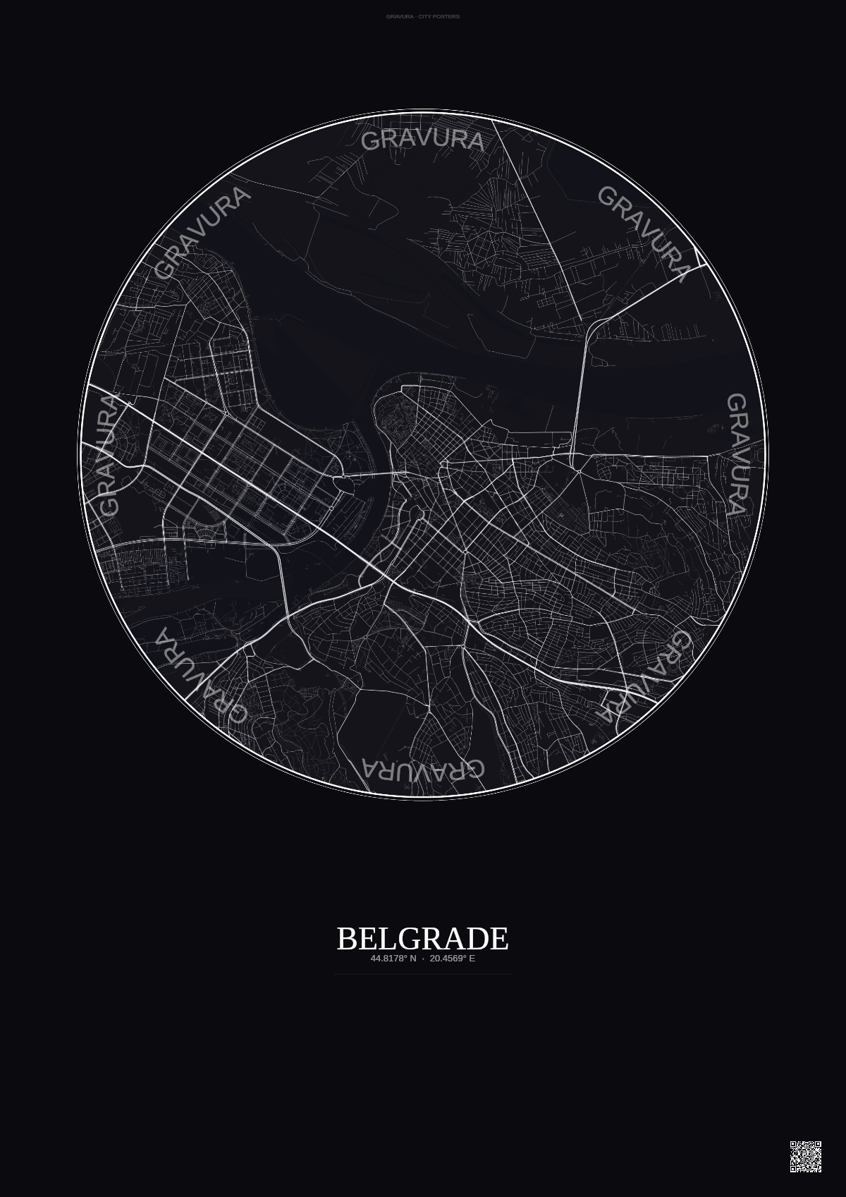 Affiche Belgrade – Poster carte de ville | Gravura – Fond foncé