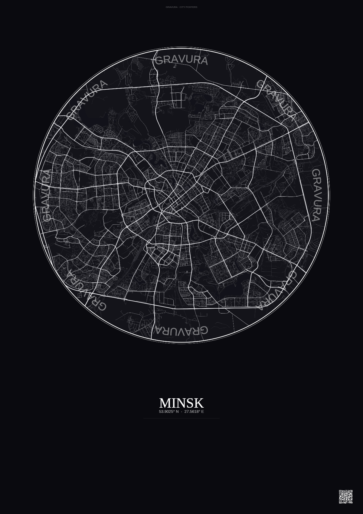 Affiche Minsk – Poster carte de ville | Gravura – Fond foncé