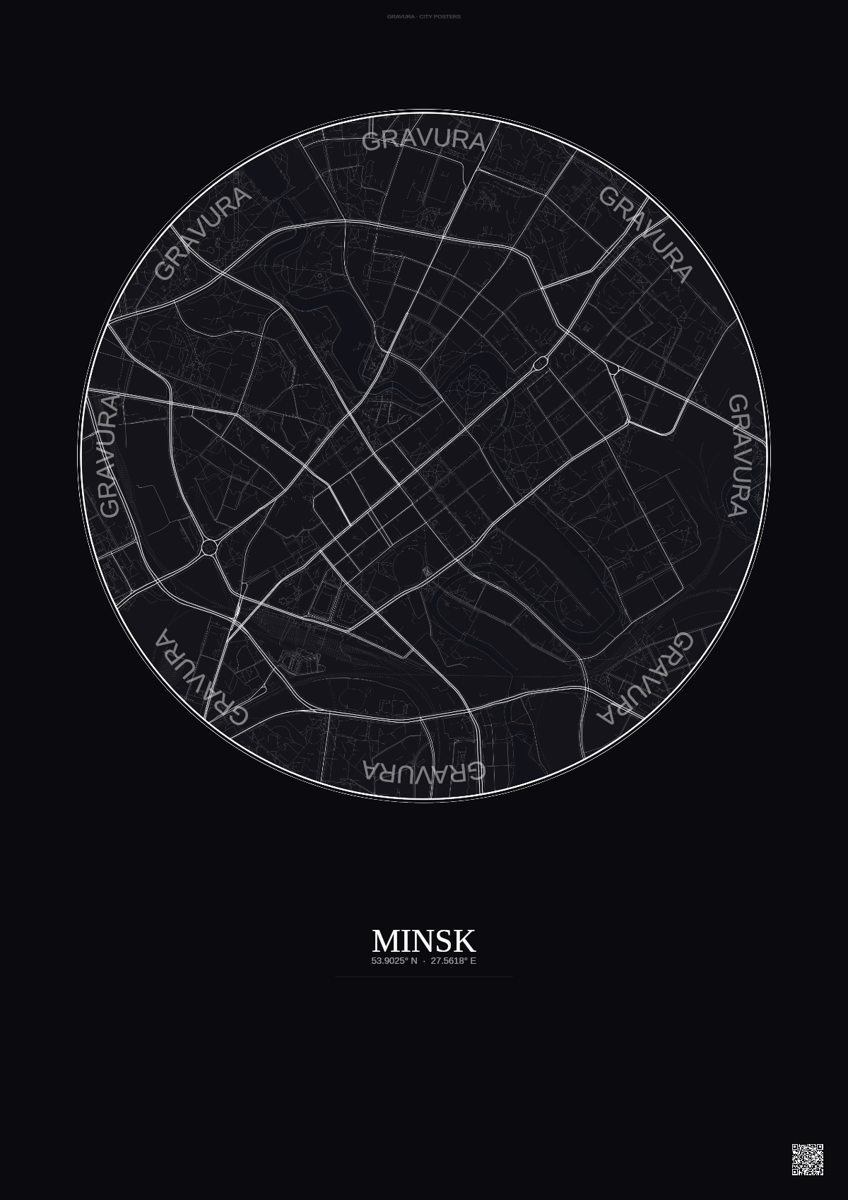Affiche Minsk – Poster carte de ville | Gravura – Fond foncé