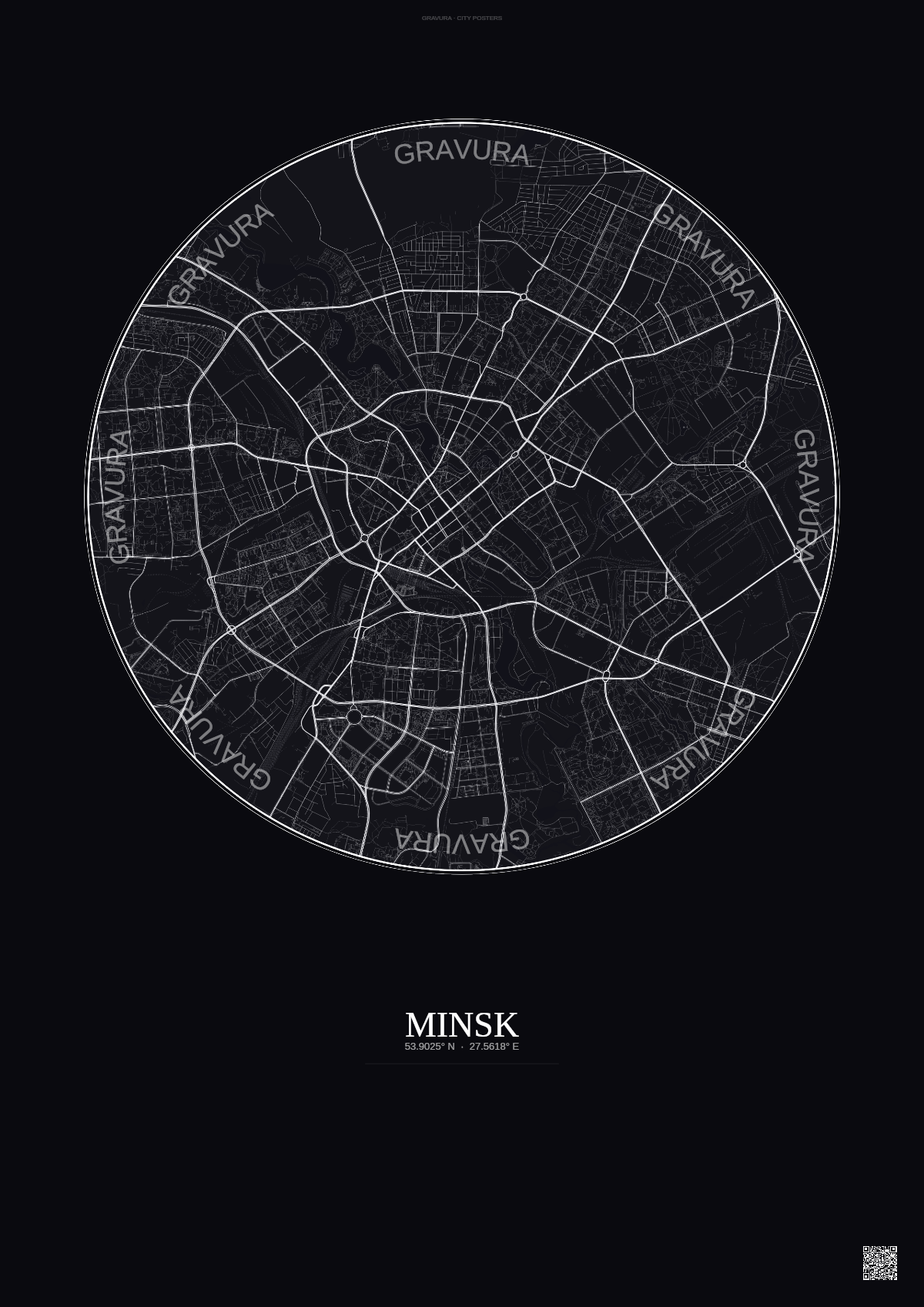 Affiche Minsk – Poster carte de ville | Gravura – Fond foncé