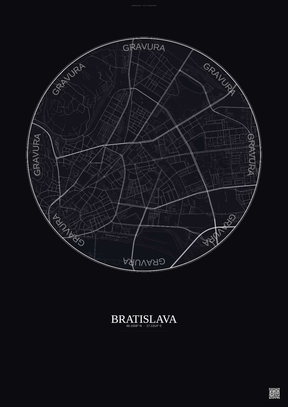 Affiche Bratislava – Poster carte de ville | Gravura – Fond foncé