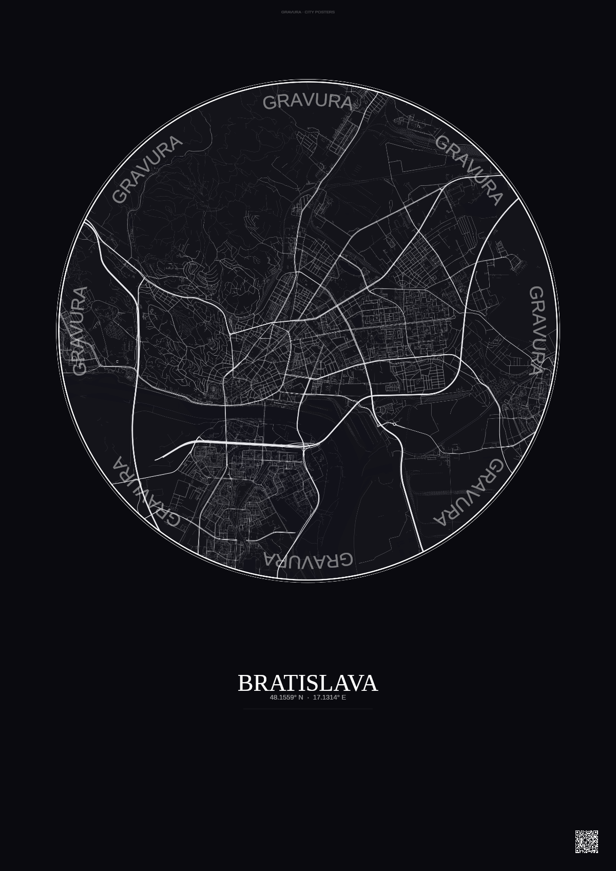 Affiche Bratislava – Poster carte de ville | Gravura – Fond foncé