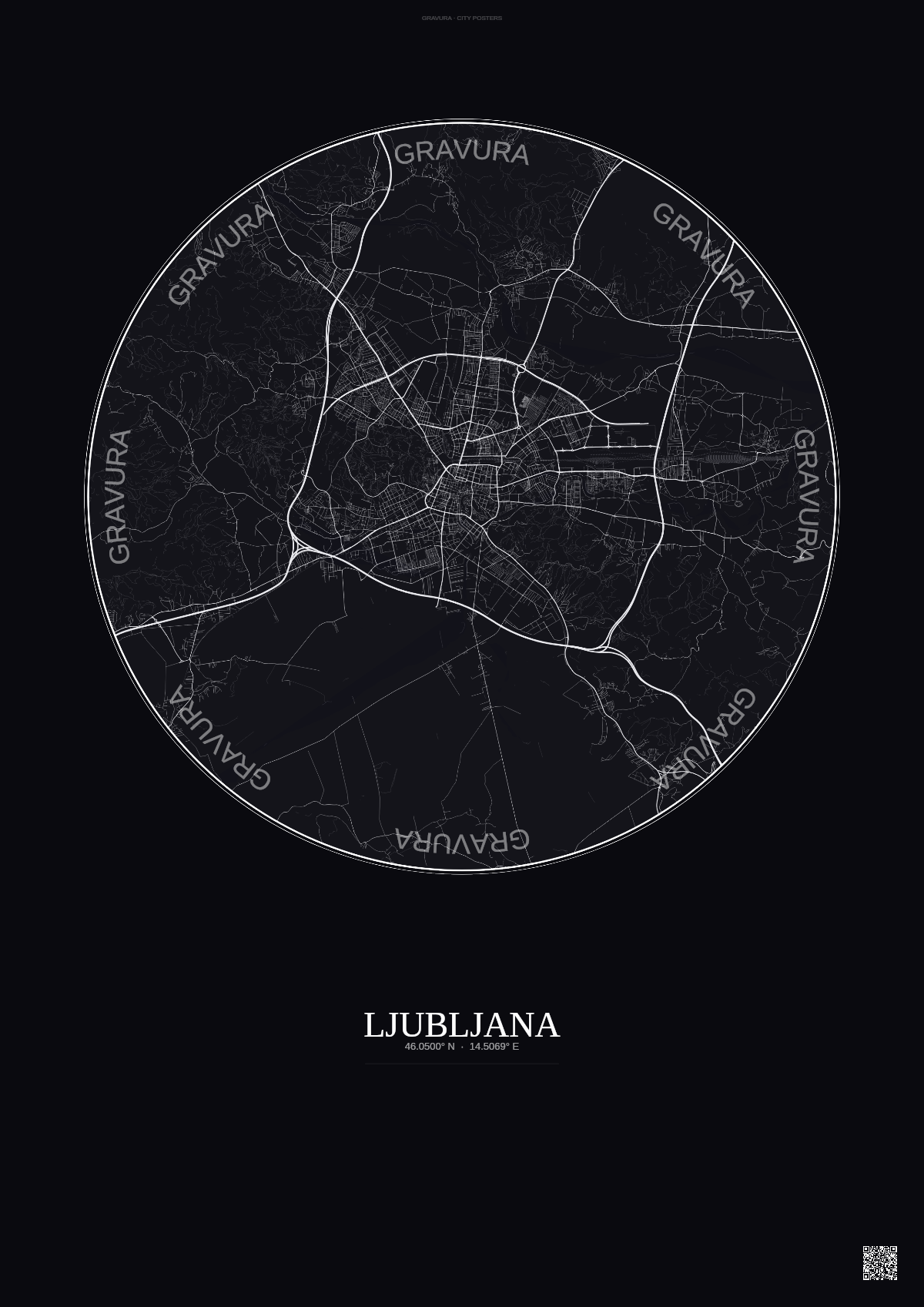 Affiche Ljubljana – Poster carte de ville | Gravura – Fond foncé