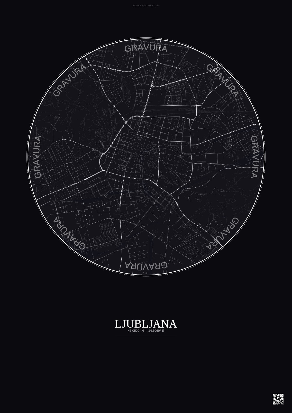 Affiche Ljubljana – Poster carte de ville | Gravura – Fond foncé