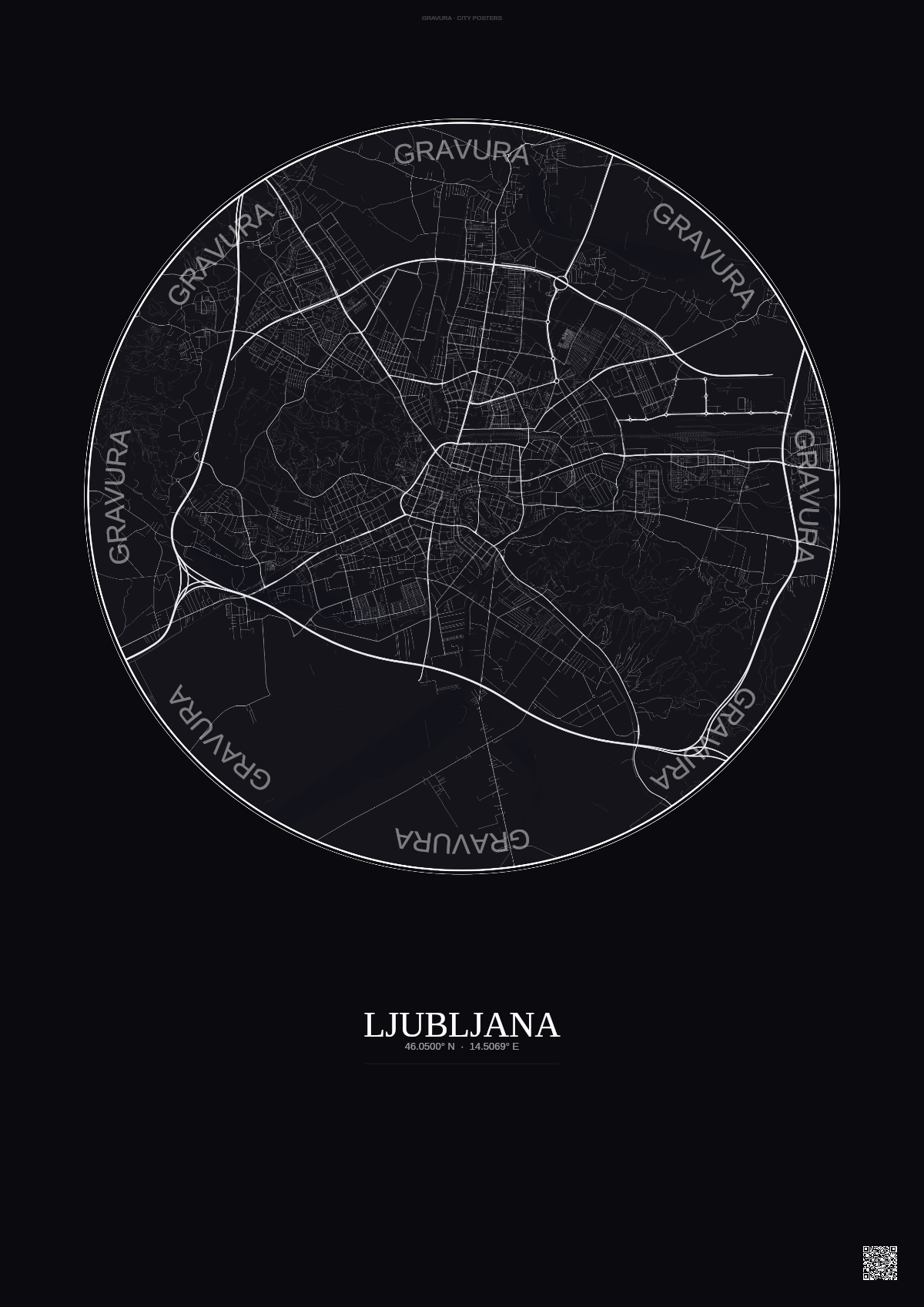Affiche Ljubljana – Poster carte de ville | Gravura – Fond foncé