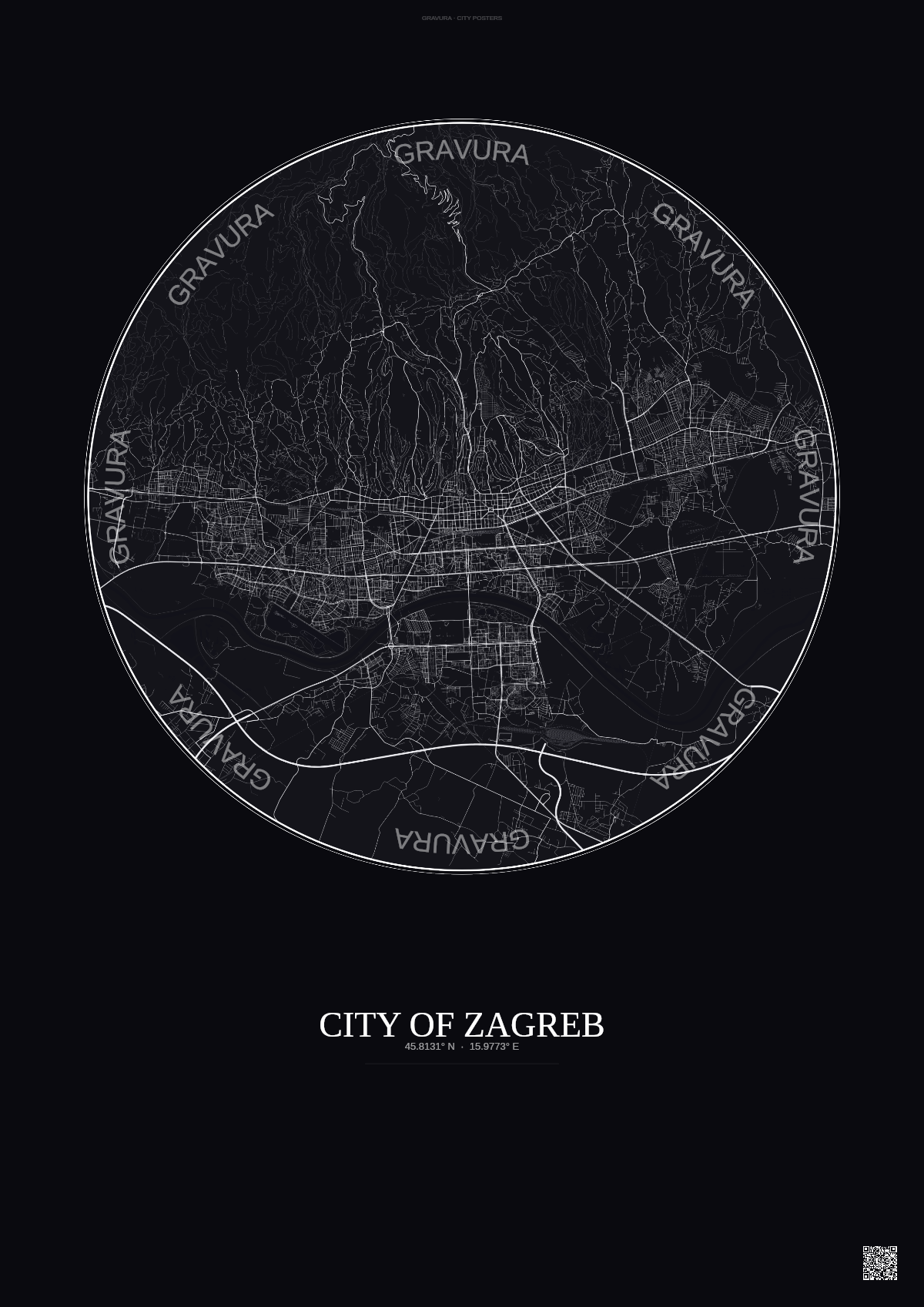 Affiche City Of Zagreb – Poster carte de ville | Gravura – Fond foncé