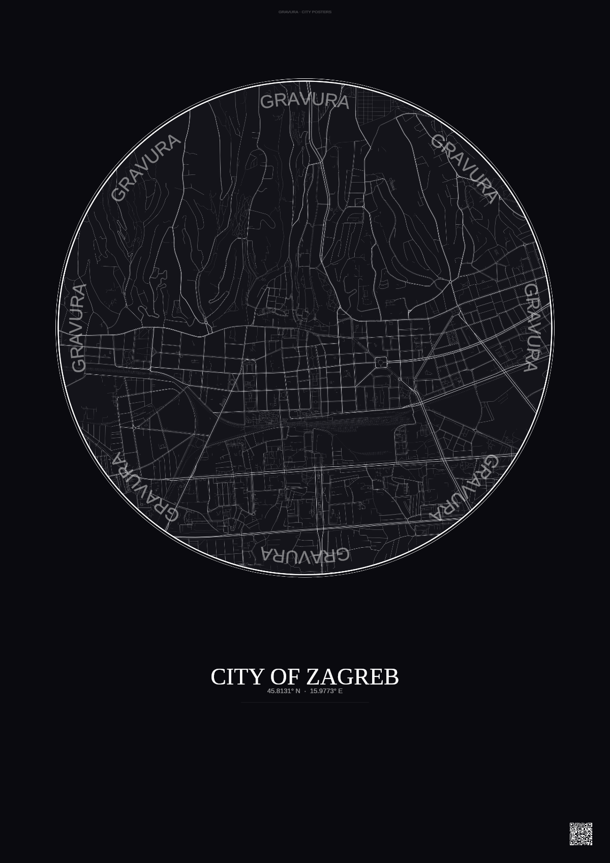 Affiche City Of Zagreb – Poster carte de ville | Gravura – Fond foncé
