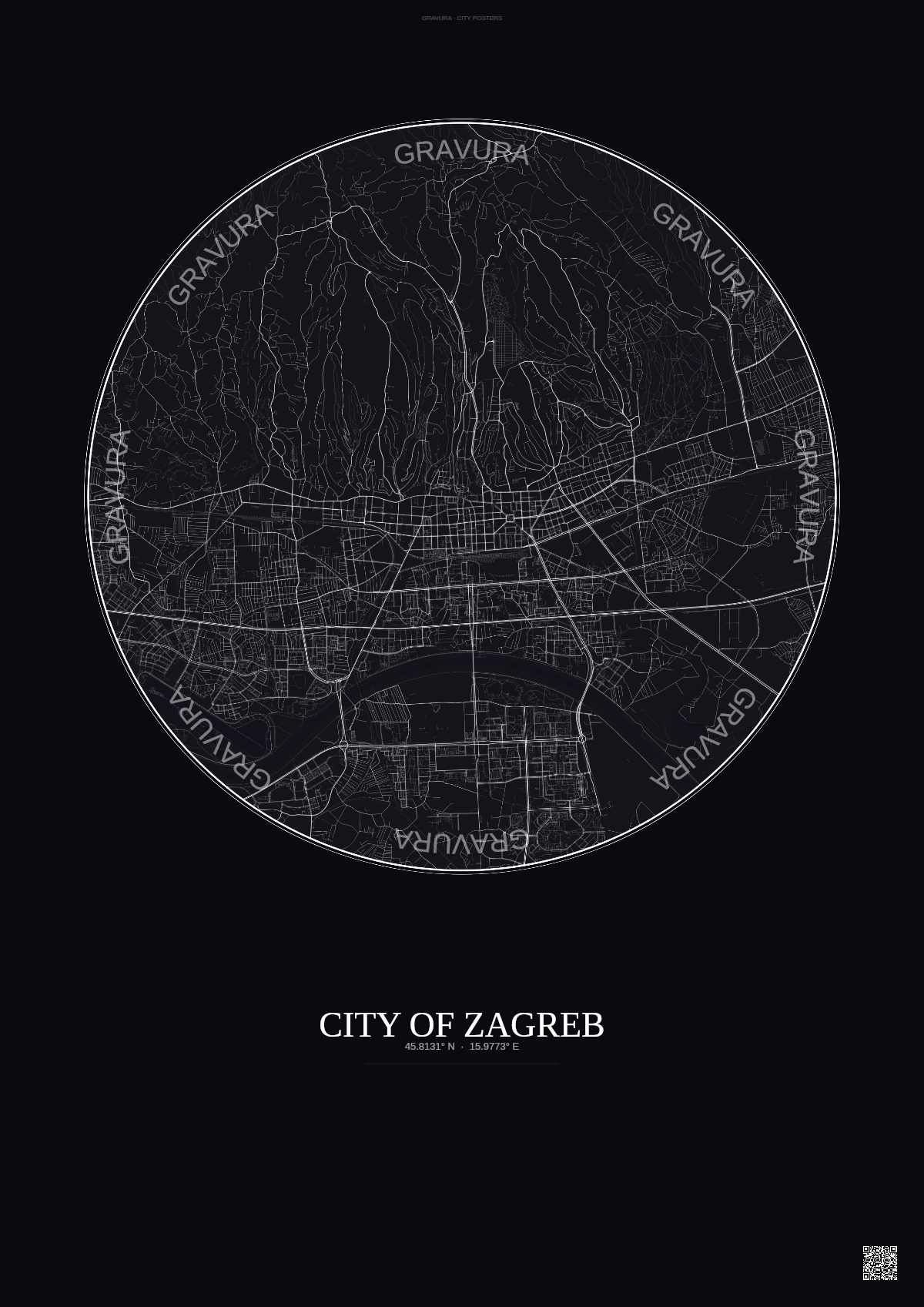 Affiche City Of Zagreb – Poster carte de ville | Gravura – Fond foncé