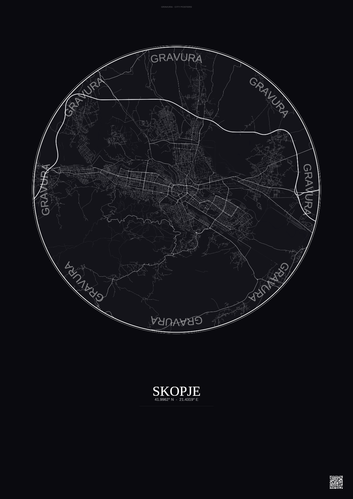 Affiche Skopje – Poster carte de ville | Gravura – Fond foncé