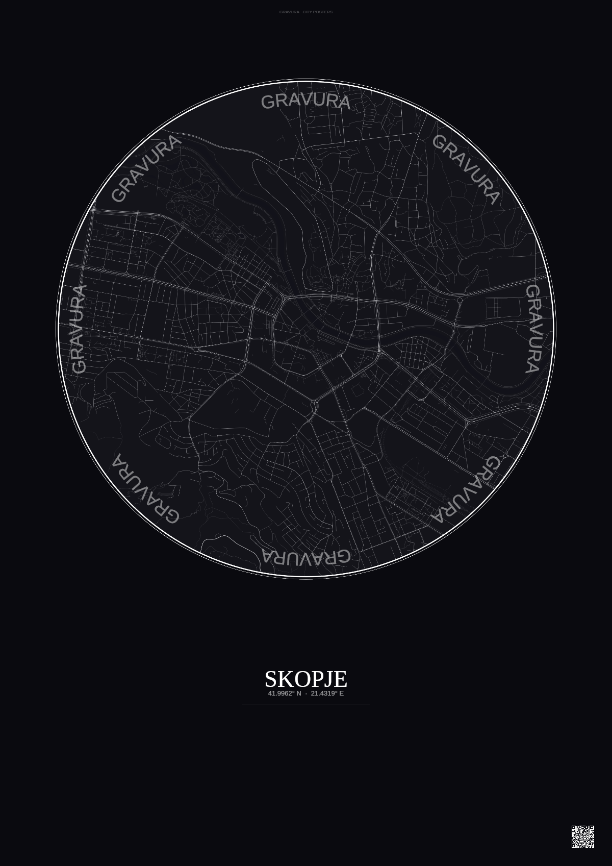 Affiche Skopje – Poster carte de ville | Gravura – Fond foncé