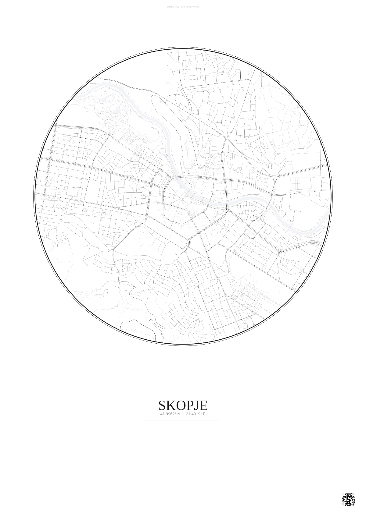 Affiche Skopje – Poster carte de ville | Gravura – Fond clair
