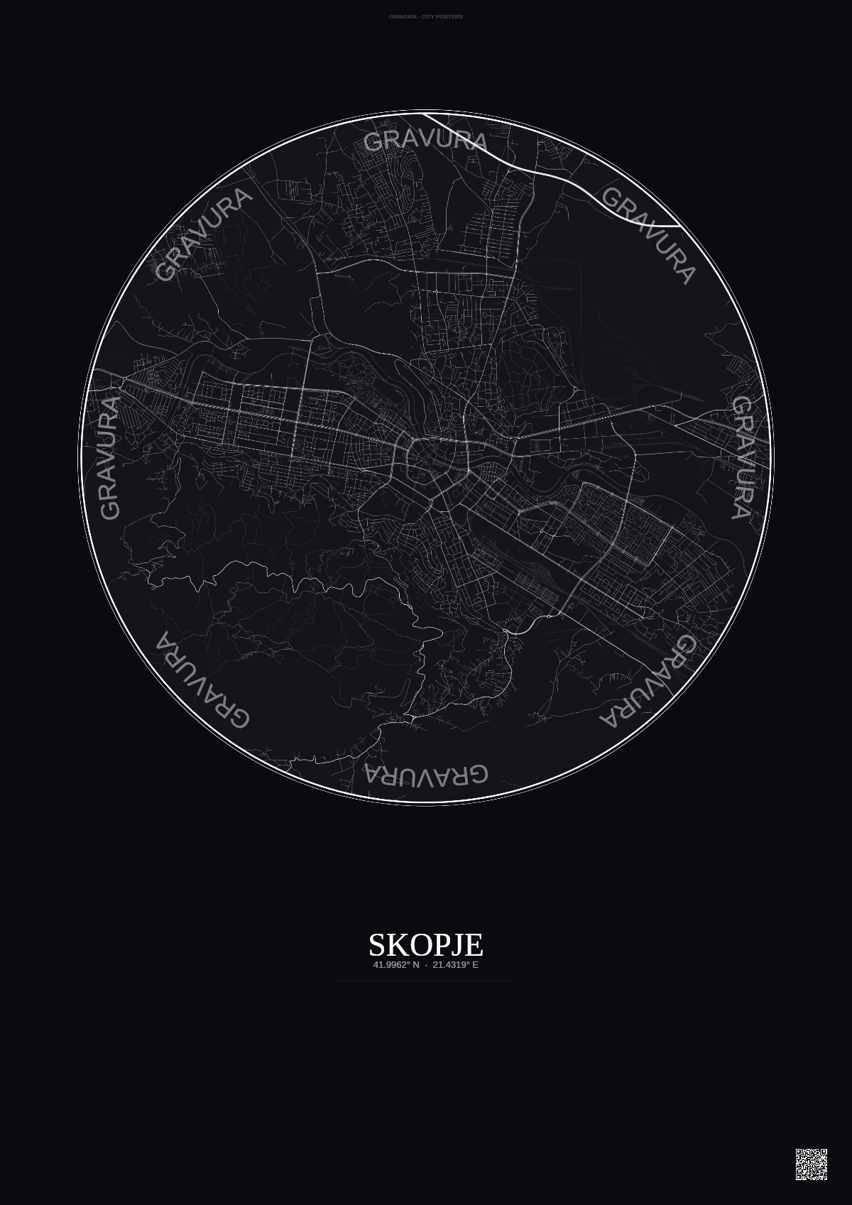 Affiche Skopje – Poster carte de ville | Gravura – Fond foncé