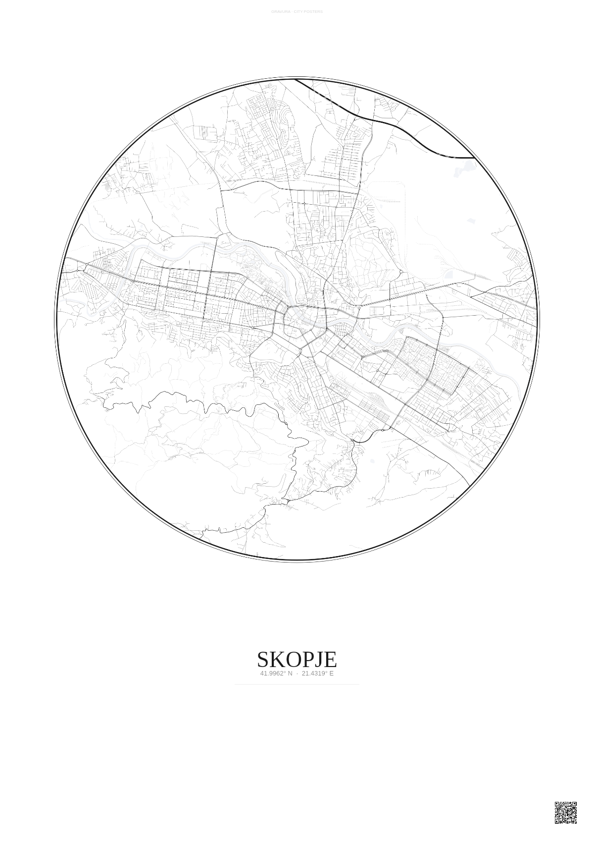 Affiche Skopje – Poster carte de ville | Gravura – Fond clair