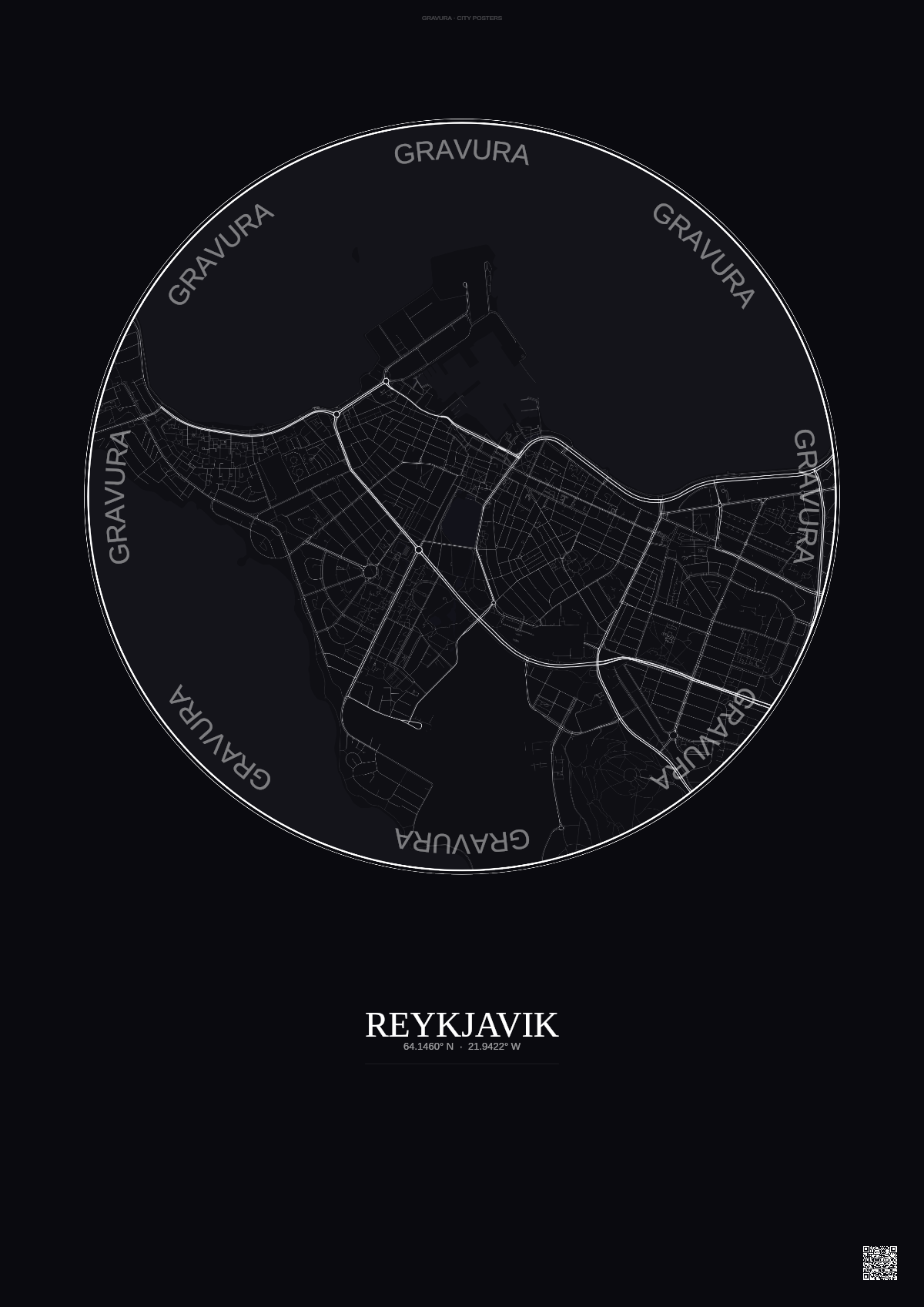 Affiche Reykjavik – Poster carte de ville | Gravura – Fond foncé