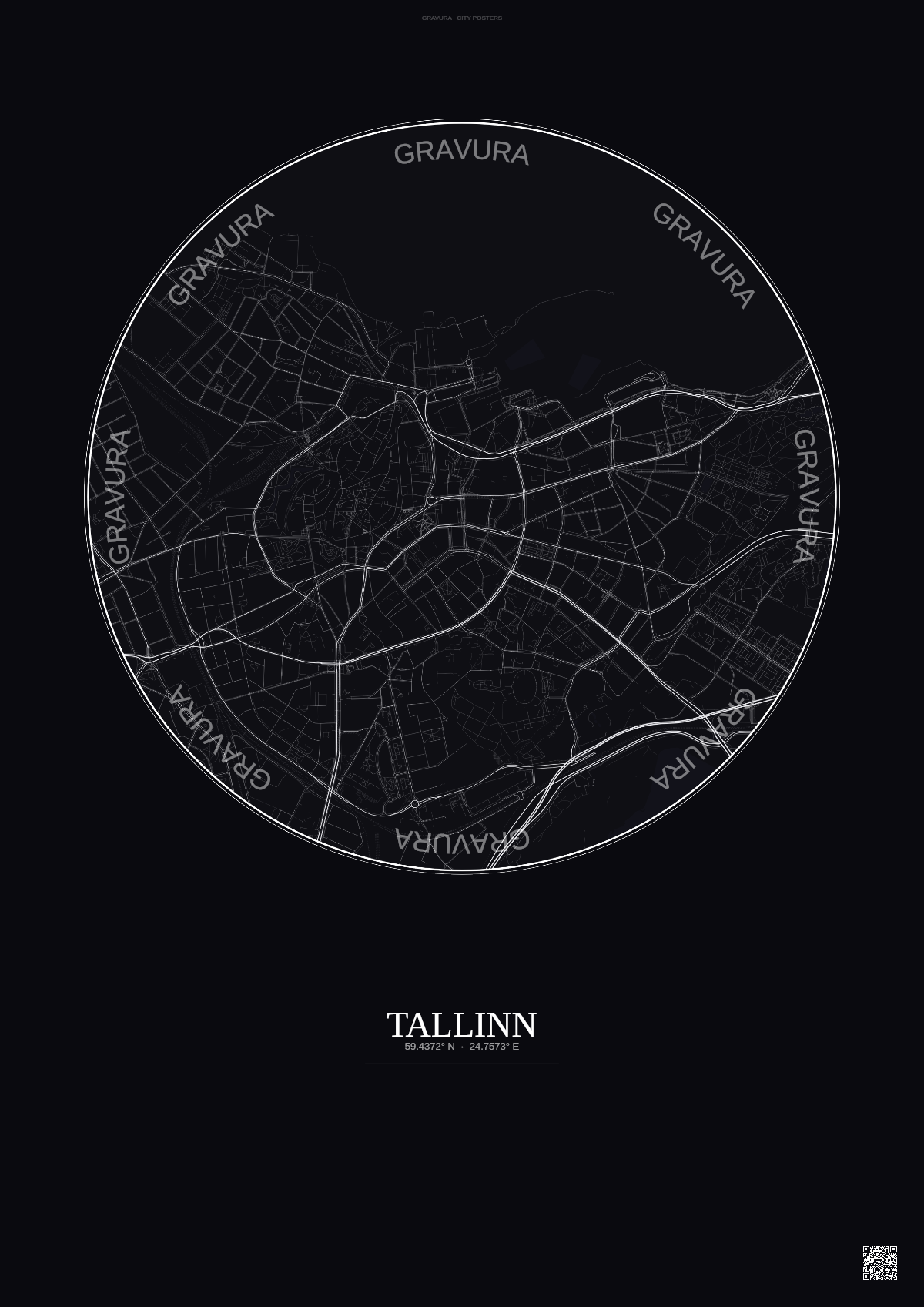 Affiche Tallinn – Poster carte de ville | Gravura – Fond foncé
