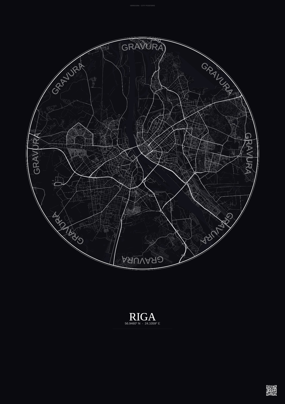 Affiche Riga – Poster carte de ville | Gravura – Fond foncé