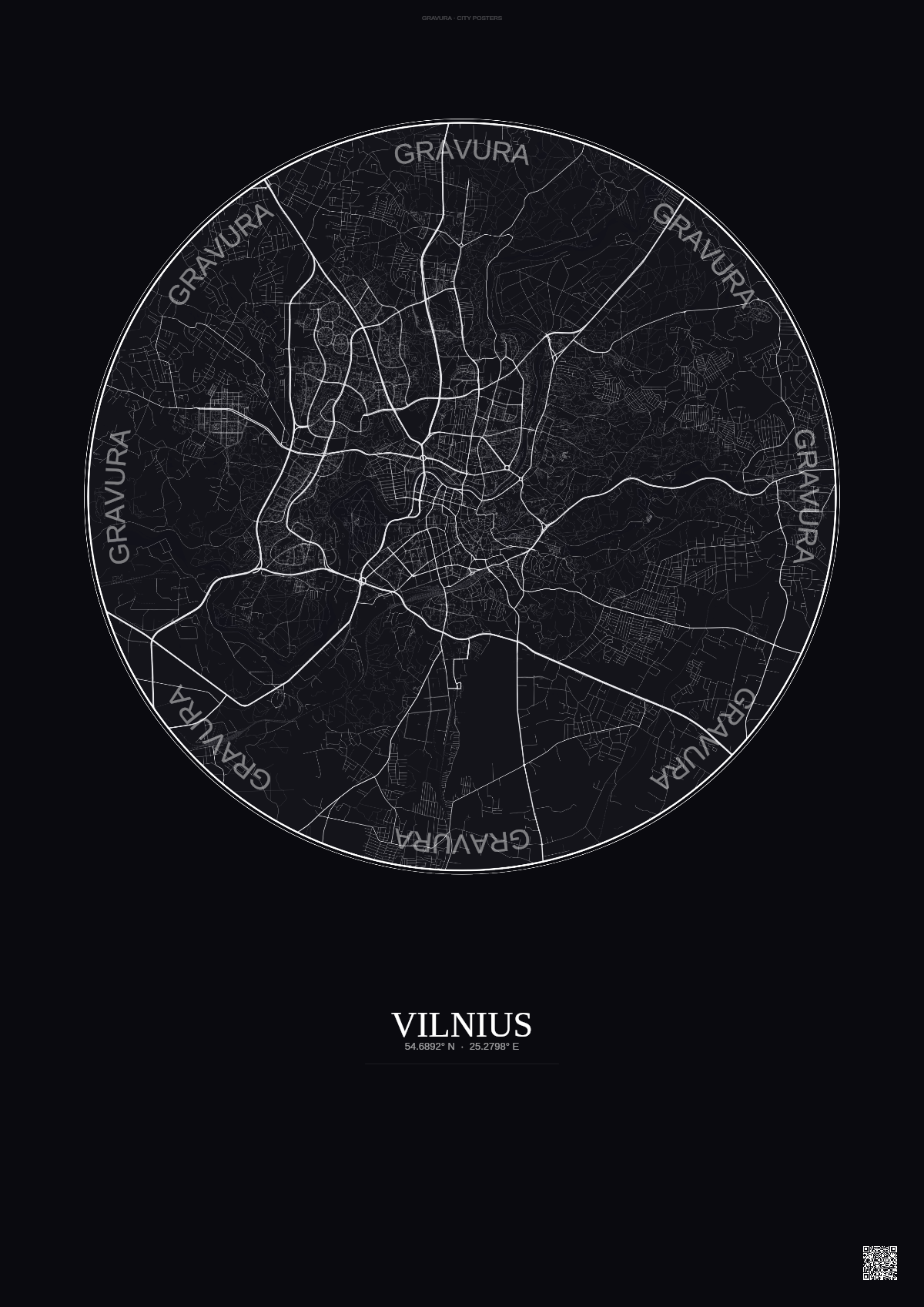 Affiche Vilnius – Poster carte de ville | Gravura – Fond foncé