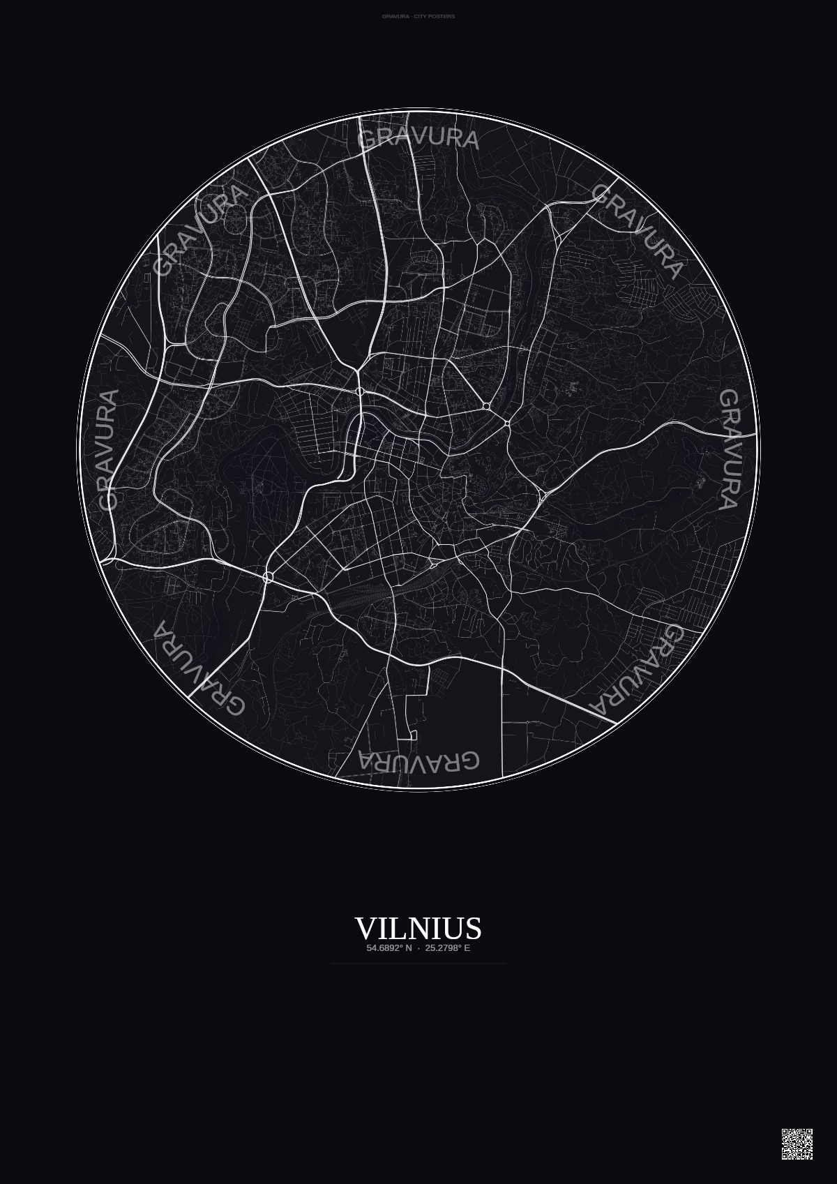 Affiche Vilnius – Poster carte de ville | Gravura – Fond foncé