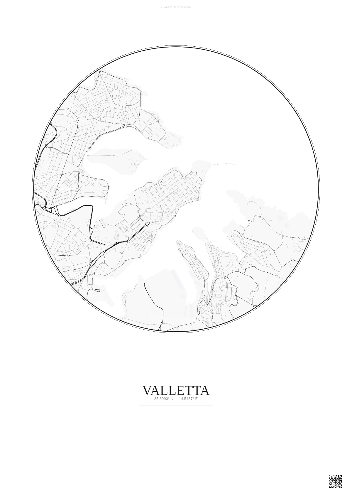 Affiche Valletta – Poster carte de ville | Gravura – Fond clair