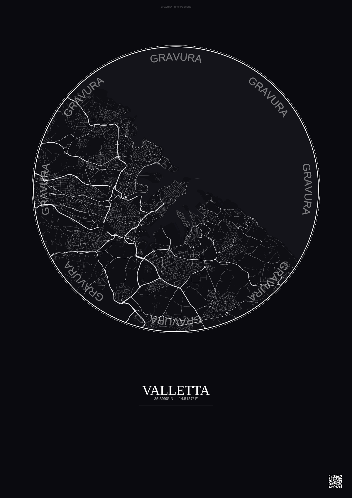 Affiche Valletta – Poster carte de ville | Gravura – Fond foncé